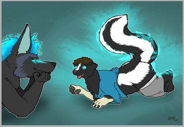 after_transformation anthro border duo grey_border hypnosis male mind_control species_transformation transformation fazar yafath werenimal calvin_(werenimal) haurbus canid canine fox mammal mephitid skunk