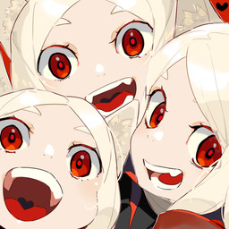 close-up clothing eyebrows female group hair heart_symbol looking_at_viewer open_mouth red_eyes teeth tongue white_body white_eyebrows white_hair white_skin hamelon310 helltaker cerberus_(helltaker) animal_humanoid canid canid_humanoid canine canine_humanoid demon demon_humanoid dog_humanoid humanoid mammal mammal_humanoid 1:1 hi_res