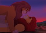 brown_body brown_eyes brown_fur cuddling duo facial_scar feral fur hair king male male/male mane pride_rock pridelands red_hair red_mane river royalty scar star sunset yellow_sclera conditional_dnp lynxbrush disney the_lion_king danu fan_character simba_(the_lion_king) felid lion mammal pantherine hi_res