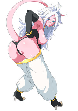 ahoge areola arm_warmers armwear big_breasts blue_eyes blush bottomwear bottomwear_down bracelet breasts butt camel_toe clothed clothing ear_piercing female genitals hair hand_on_butt humanoid_pointy_ears jewelry long_hair looking_back nipples not_furry obscured_inner_labia panties pants pants_down partially_clothed piercing pink_body pink_skin pink_tail pointy_ears presenting rear_view simple_background solo standing tail topless underwear vulva white_background white_hair haruhisky dragon_ball dragon_ball_fighterz android_21 majin_android_21 alien alien_humanoid humanoid majin 2018 digital_media_(artwork) hi_res