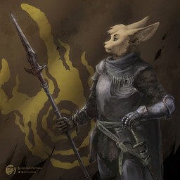 anthro armor banner brown_body brown_fur clothed clothing female fully_clothed fur holding_melee_weapon holding_object holding_polearm holding_spear holding_weapon melee_weapon polearm scar solo spear sword weapon techiesxc elden_ring fromsoftware twokinds basitin mammal 1:1 digital_media_(artwork) hi_res