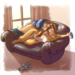 anthro areola blue_eyes brown_body brown_fur clothing collar curtains curtains_open discarded_clothing female footwear fur furniture hair lying lying_on_sofa nipples nude on_side on_sofa one_eye_obstructed piercing pink_nipples ponytail shoes smile smiling_at_viewer smirk smirking_at_viewer sofa solo tan_body tan_fur tracksuit white_body white_fur window foxwhee kela_(inu-sama) canid canine canis hybrid mammal wolfdog 2026 colored digital_drawing_(artwork) digital_media_(artwork) hi_res shaded signature