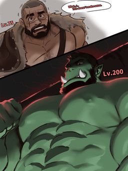 abs beard black_hair bodily_fluids body_hair chest_hair dialogue duo exposed_teeth eye_scar facial_hair facial_scar gameplay_mechanics green_body green_skin hair humanoid_pointy_ears level_difference level_number looking_down male melee_weapon muscular muscular_humanoid muscular_male nipples number open_mouth pale_skin pecs pointy_ears scar scared size_difference speech_bubble sweat sweatdrop text tusks weapon weapon_on_shoulder worried dopq instant_loss_2koma human humanoid mammal orc hi_res