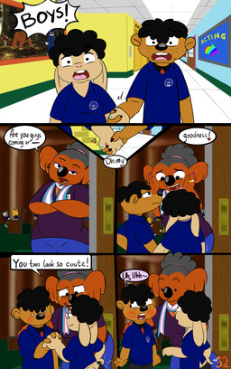 anthro auditorium blush bodily_fluids butt_cleavage crying dialogue female hallway hand_holding looking_at_viewer male nervous puckered_lips school shocked slightly_chubby slightly_chubby_male student teacher tears tears_of_joy text young sandune willie_and_michael michael_williamson willie_munk bear koala lagomorph leporid mammal marsupial rabbit vombatiform comic handwritten_text hi_res multiple_scenes trans_(lore) trans_woman_(lore)