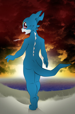ambiguous_gender anthro anthrofied biped blue_body blue_skin blush butt dialogue digimorph looking_at_viewer looking_back nude open_mouth outside photo_background rear_view solo standing sunset surprised tail text walk-in v-d-k bandai_namco digimon mythology digimon_(species) dragon mythological_creature mythological_scalie scalie veemon absurd_res english_text hi_res photography_(artwork)
