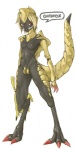 anthro anthrofied breasts claws dark_body dark_skin digitigrade female monster_girl_(genre) nude pokemon_speak pokemorph red_eyes solo text jingaidaisuki nintendo pokemon generation_1_pokemon generation_5_pokemon haxorus mammal monster pikachu pokemon_(species) rodent romaji_text