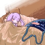 ambiguous_gender anthro bed blush duo eyes_closed fur furniture inside on_bed purple_body purple_fur sleeping tentacles under_covers young young_ambiguous young_anthro unknown_artist cave_story chaco_(cave_story) cnidarian jellyfish lagomorph mammal marine medusozoan mimiga 1:1 digital_media_(artwork) low_res oekaki