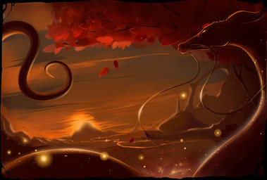 ambiguous_gender backlighting barbel_(anatomy) black_border border cloud detailed_background feral flesh_whiskers glowing glowing_eyes horn leaf light outside plant sky solo sun sunset tree kredri asian_mythology east_asian_mythology mythology dragon eastern_dragon mythological_creature mythological_scalie scalie lighting orange_theme restricted_palette