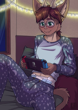 ageplay anthro blue_bottomwear blue_clothing blue_pants blue_topwear blush bottomwear brown_body brown_fur brown_hair cheek_tuft clothed clothing diaper diaper_peekage diaper_under_clothing eyewear facial_tuft fur glasses glistening glistening_eyes hair holding_nintendo_switch infantilism inside male pajamas pants reclining roleplay round_glasses solo string_lights topwear tuft wearing_diaper yellow_eyes riddlr mythology starbuck dragon furred_dragon furred_scalie mythological_creature mythological_scalie scalie absurd_res hi_res