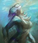 anthro breasts bubble chest_tuft deadro ears_back eyes_closed featureless_breasts female hi_res mammal mustelid otter pivoted_ears solo tuft underwater water