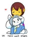 blush clothed clothing dialogue duo hair hug simple_background text topwear white_background white_body mt undertale undertale_(series) frisk_(undertale) temmie_(undertale) canid canine felid feline human mammal tem