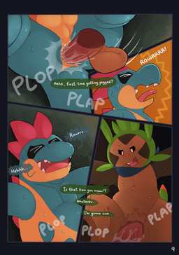 anal anal_penetration anthro balls barazoku bodily_fluids disembodied_penis duo forced genital_fluids genitals lying male male/male on_back penetration penile penile_penetration penis penis_in_ass precum rape roaring scarf sex sweat text gralicbutter nintendo pokemon chespin croconaw generation_2_pokemon generation_6_pokemon pokemon_(species) absurd_res comic english_text hi_res multiple_scenes