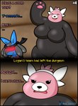 age_difference al_gx anthro bear bewear big_breasts black_border blue_body blush border breasts cave comic crimson_(al_gx) delivery_(commerce) dialogue duo embrace english_text female generation_4_pokemon generation_7_pokemon hi_res illusion logan_(al_gx) lucario male mammal mature_female nintendo pink_body plant pokemon pokemon_(species) pokemon_mystery_dungeon scarf size_difference spike_chunsoft story text