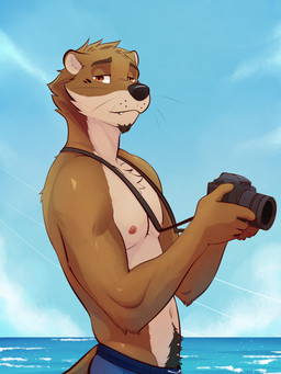 anthro body_hair brown_body brown_fur camera chest_tuft clothed clothing cute_fangs digital_camera eyebrows facial_hair facial_markings fangs fur goatee happy_trail head_markings head_tuft male markings multicolored_body multicolored_fur muzzle_(marking) nipples pink_nipples sea sky solo straps swimming_trunks swimwear tail tan_body tan_fur teeth topless topless_anthro topless_male tuft two_tone_body two_tone_fur water whisker_spots whiskers ventkazemaru echo_(game) echo_(series) echo_project chase_hunter mammal mustelid otter hi_res