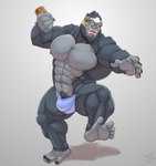 abs anthro big_muscles clothing eyewear food fur glasses grey_body grey_fur headgear headwear holding_object male muscular muscular_anthro muscular_male navel nipples one_leg_on_ground open_mouth peanut_butter pecs pose simple_background solo underwear yellow_eyes jabuhusky blizzard_entertainment overwatch winston_(overwatch) ape gorilla haplorhine mammal primate 2021 hi_res