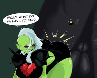 blue_body blue_skin breasts butt_crush camel_toe clothing dialogue dominant dominant_humanoid duo evil_grin extreme_size_difference female freckles green_body green_skin humanoid_pointy_ears larger_female micro micro_abuse not_furry pointy_ears red_sclera shoulder_pads side_shave sitting sitting_on_another size_difference smaller_female smile spiked_shoulder_pads spikes text slugmanoctavious disney kid_cosmic wander_over_yonder lord_dominator madame_president alien alien_humanoid humanoid 2025 absurd_res crossover english_text hi_res