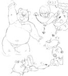 anthro belly butt group humanoid_hands kemono male moobs nipples overweight overweight_male text chisa_sa bear felid giant_panda human mammal pantherine tiger 2020 hi_res japanese_text monochrome