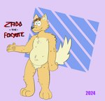 abstract_background anthro belly fluffy freckles gesture green_eyes hair male pawpads raised_tail slightly_chubby smile solo tail zadd_(chadzadd) chadzadd canid canine canis coyote fox hybrid mammal 2024 absurd_res character_name flat_colors full-length_portrait hi_res portrait