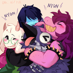 ambiguous_gender anthro armor beak biped black_beak black_hair blue_body blue_skin blush bracelet claws clothing eyewear female feral finger_claws fur gauntlets glasses gloves grin group group_hug hair hair_over_eyes handwear headpat horn hug hugging_another jewelry male open_beak open_mouth open_smile petting pink_body purple_hair round_glasses sharp_teeth smile spiked_bracelet spikes teeth tongue tongue_out white_body white_fur caimeow173607 deltarune undertale_(series) kris_dreemurr ralsei susie_(deltarune) avian bovid caprine darkner goat human kawkaw_(deltarune) mammal scalie 1:1 2026 digital_media_(artwork) hi_res