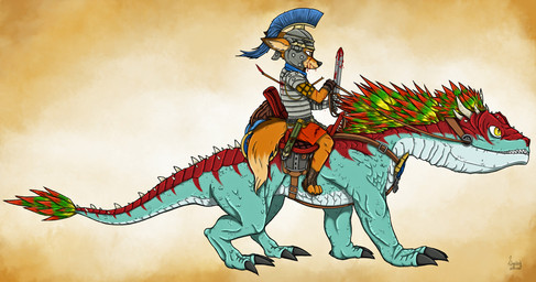 anthro armor blood bodily_fluids brown_body brown_eyes brown_fur duo fantasy fur headgear helmet male melee_weapon orange_body orange_fur sword tan_body tan_fur warrior weapon wounded ziegelzeig canid canine fox lizard mammal reptile scalie 2024 hi_res