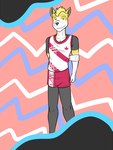 3:4 abstract_background anthro anthrofied boltund bottomwear clothed clothing ed_(fuze) fully_clothed fuze generation_8_pokemon hi_res male nintendo pokemon pokemon_(species) pokemorph shirt shorts solo tank_top topwear