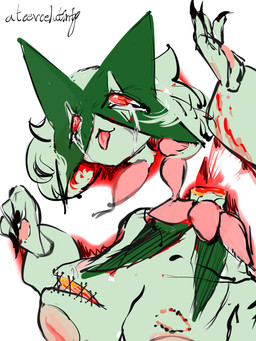 anthro bdsm big_breasts blood bodily_fluids breast_tissue breasts death female genitals gore gore_focus looking_pleasured nipples nude snuff solo tongue tongue_out ateeveelutinfp nintendo pokemon canid canine generation_9_pokemon mammal meowscarada pokemon_(species) absurd_res hi_res