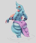 amphibian anthro big_breasts big_butt blue_body breasts butt clothed clothing curvy_figure drawfruit female generation_4_pokemon horn huge_breasts huge_butt huge_thighs looking_at_viewer looking_back nintendo pokemon pokemon_(species) simple_background smile solo teeth thick_thighs topless toxicroak voluptuous water wide_hips yellow_sclera