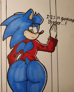 anthro big_butt blush bodily_fluids bottomless bottomless_male butt clothed clothing dialogue doorway eyewear femboy glasses looking_at_own_butt looking_back male nervous solo sweat sweatdrop sweater text thick_thighs topwear worried justsomeidiotonline sega sonic_the_hedgehog_(comics) sonic_the_hedgehog_(series) sonic_the_hedgehog_(shogakukan) nicky_(sonic_manga) eulipotyphlan hedgehog mammal absurd_res hi_res