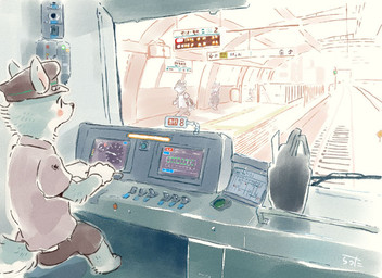 anthro blush clothing detailed_background group hat headgear headwear humanoid_hands inside_locomotive inside_train locomotive public_transportation rail_transit railway_signal railway_track shirt short sitting topwear train train_station uniform vehicle ratuta_(artist) canid canine canis mammal wolf 2019