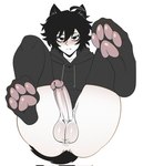 anus balls black_body black_fur black_hair blush blush_lines bottomless bottomless_humanoid bottomless_male butt clothed clothing erection fangs feet foot_focus fur genitals hair half-closed_eyes hoodie humanoid_genitalia humanoid_penis legwear lying male narrowed_eyes on_back pale_skin paw_socks penis presenting presenting_anus presenting_balls presenting_hindquarters presenting_penis simple_background solo stockings teeth topwear white_background bro_aniki doomer_(meme) toebeanies doomer_(bro_aniki) doomer_boy animal_humanoid cat_humanoid felid felid_humanoid feline feline_humanoid humanoid mammal mammal_humanoid hi_res meme