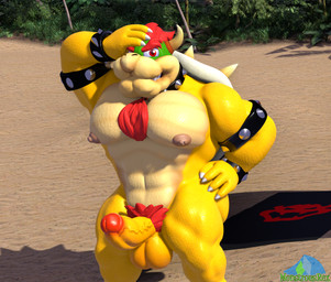 anthro armband balls beach beach_towel big_balls big_muscles big_pecs big_penis body_hair bowser_logo chest_hair claws clothing erection genitals green_body green_scales hair hand_on_hair hand_on_head hand_on_hip horn jewelry looking_at_viewer male muscular muscular_male necklace nipples palm_tree pecs penis plant pubes red_eyes red_hair scales shell smile smiling_at_viewer solo standing tan_body tan_scales towel tree wide_hips yellow_body yellow_scales albalbalb mario_bros nintendo bowser koopa scalie 2025 3d_(artwork) digital_media_(artwork) watermark
