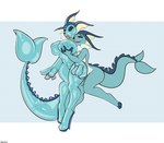 animal_genitalia anthro big_breasts breast_grab breasts claws clothing duo female footwear frill_(anatomy) genitals gynomorph hand_on_breast high_heels holding_breast hug hugging_another hugging_from_behind intersex latex lips nude pawpads paws sheath shoes tail thick_lips ibukibunni nintendo pokemon eeveelution generation_1_pokemon pokemon_(species) vaporeon