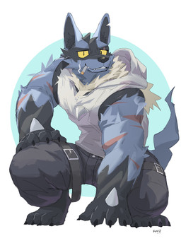 4_toes 5_fingers anthro arm_scar barefoot biped black_body black_bottomwear black_claws black_clothing black_fur black_hoodie black_inner_ear black_inner_ear_fluff black_pants black_topwear blue_body blue_fur bottomwear cigarette claws closed_smile clothed clothed_anthro clothed_male clothing crouching fangs feet finger_claws fingers front_view fully_clothed fully_clothed_anthro fully_clothed_male fur grey_clothing grey_hoodie grey_topwear hand_on_leg hand_on_own_leg hand_on_own_thigh hand_on_thigh hoodie inner_ear_fluff looking_at_viewer male monotone_bottomwear monotone_clothing monotone_pants mouth_closed mouth_hold multicolored_body multicolored_fur muscular muscular_anthro muscular_male notched_ear object_in_mouth pants plantigrade pose pupils red_scar scar simple_background sleeveless_hoodie slit_pupils smile smiling_at_viewer smoke smoking smoking_cigarette snout solo tail teal_background teeth text thigh_strap toes topwear tuft two_tone_body two_tone_fur two_tone_hoodie white_background yellow_sclera kuromonsart nintendo pokemon generation_4_pokemon lucario pokemon_(species) 2025 3:4 absurd_res artist_name colored dated digital_drawing_(artwork) digital_media_(artwork) english_text full-length_portrait hi_res portrait