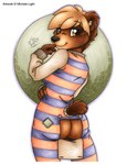 anthro brown_body brown_fur brown_hair butt butt_flap clothed clothing exposed_butt female fully_clothed fur hair looking_back orange_eyes pajamas patch_(fabric) patched_clothing smile solo tail michele_light bear mammal 2023