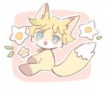 anthro blue_eyes blush flower fur male pink_background plant simple_background smile solo white_background yellow_body yellow_fur buke3jp ensemble_stars canid canine fox mammal