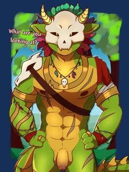 abdominal_scar abs accessory anthro arm_accessory arm_scar armband balls bandage bandaged_arm barazoku bone bone_mask bottomwear bracelet brown_nipples chest_scar clothed clothing dialogue feathers flaccid foreskin furgonomics genitals glans gold_(metal) gold_armband gold_jewelry gold_necklace gold_ring gradient_penis green_body green_ears green_scales green_tail hands_on_hips horn jewelry leg_scar loincloth looking_at_viewer male mask multicolored_body multicolored_feathers muscular muscular_anthro muscular_male nature nature_background necklace nipples outside partially_clothed pecs penis plant red_bottomwear red_clothing red_glans red_loincloth red_penis ring scales scar shoulder_strap skull skull_accessory skull_mask skull_necklace sky solo spiked_tail spikes spikes_(anatomy) standing tail tail_accessory talking_to_viewer text tree tribal tribal_clothing unretracted_foreskin vein veiny_penis waistband yellow_body yellow_eyes yellow_horn yellow_penis yellow_scales yellow_tail arvo_(artist) terraria witch_doctor_(terraria) lihzahrd lizard reptile scalie 2026 3:4 alpha_channel half-length_portrait hi_res portrait
