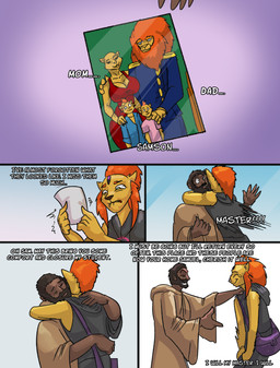 anthro anthrofied bag bodily_fluids clothing crying elderly_male family_photo hug lion_mane male master robe satchel science_fiction sleeveless_hoodie sleeveless_topwear teacher tears tears_of_joy doctor_awesome felid human lion mammal pantherine absurd_res comic hi_res