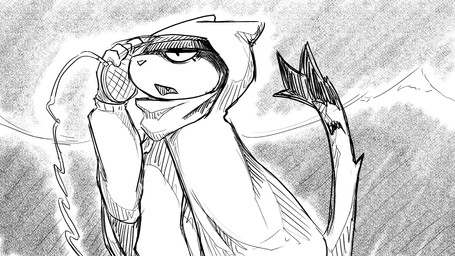 anthro bandanna_on_head cloak clothing electronics female insult mountain muffler radio solo tail wire dragonweirdo domestic_ferret mammal mustelid musteline true_musteline weasel 16:9 comic hi_res monochrome widescreen