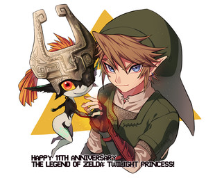 anniversary blonde_hair blue_eyes clothing duo female fused_shadow hair hand_holding hat headgear headwear humanoid_pointy_ears male pointy_ears red_eyes simple_background text triforce white_background yellow_sclera loz_017 nintendo the_legend_of_zelda twilight_princess link midna humanoid hylian twili 2017