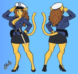 anthro belt belt_buckle belt_pouch bottomwear breasts brown_hair buckle butt clothing ears_down eyebrows female footwear fur gesture green_eyes hair hat headgear headwear high_heels open_mouth pivoted_ears poland police police_hat police_officer police_uniform polish_people's_republic salute shoes skirt smile smiling_at_viewer solo tail uniform wearing_hat yellow_body yellow_fur chisheq aneta_(chisheq) domestic_cat felid feline felis mammal hi_res