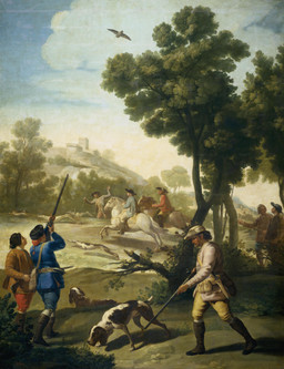 ambiguous_gender black_hair bottomwear brown_body brown_fur clothed clothed_male clothing detailed_background feral fingers fully_clothed fully_clothed_male fur group gun hair hat headgear headwear historical_european_clothing hunting male outside plant ranged_weapon realistic rococo_clothing shadow tail tree weapon francisco_goya avian bird canid canine canis domestic_dog equid equine horse human mammal 1775 18th_century absurd_res ancient_art formal_art hi_res oil_painting_(artwork) painting_(artwork) shaded traditional_media_(artwork) traditional_painting_(artwork)