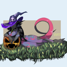 4_toes 5_fingers anthro arm_markings between_breasts black_body black_hair black_tail bone breasts clothing cross feet female fingers grass hair hat headgear headwear inverted_cross jack-o'-lantern leg_markings lizard_tail long_hair lying markings on_side pink_markings plant purple_clothing purple_eyes purple_hat purple_headwear purple_markings purple_sclera skull solo star tail tail_markings toes witch_hat alien_genus nintendo pokemon fan_character salem_(ballad) generation_7_pokemon pokemon_(species) salazzle 1:1 absurd_res hi_res signature