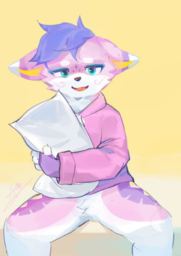 anthro biped black_eyes blue_eyes bottomless bottomless_anthro bottomless_male clothed clothing fingerless_gloves gloves hair handwear hoodie hug hugging_object hugging_pillow kemono looking_at_viewer male multicolored_eyes pillow pink_clothing pink_hoodie pink_topwear purple_clothing purple_gloves purple_hair purple_handwear shota slim_anthro slim_male solo topwear white_pillow young young_anthro young_male fur_alasky canid canine fox mammal 2025 absurd_res hi_res