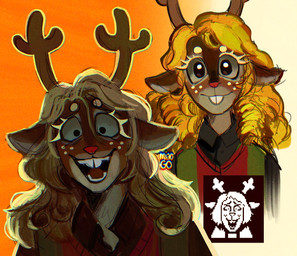anthro antlers blonde_hair brown_body brown_fur buckteeth clothing crazy_eyes eyelashes female freckles fur hair horn open_mouth red_nose shirt snowgrave solo teeth topwear white_freckles miaogo deltarune undertale_(series) noelle_holiday deer mammal new_world_deer reindeer 2026 chromatic_aberration hi_res reference_image