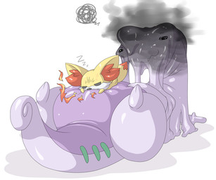 ambiguous_gender angry belly bodily_fluids duo melting simple_background sleeping slime sweat tail white_background dlrowdog mythology nintendo pokemon dragon fennekin generation_6_pokemon goodra mythological_creature mythological_scalie pokemon_(species) scalie 2015 6:5 hi_res
