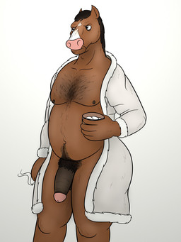 anthro bathrobe belly big_penis cigarette circumcised clothed clothing flaccid genitals humanoid_genitalia humanoid_penis male moobs mostly_nude open_clothing open_robe overweight overweight_anthro overweight_male penis pubes robe solo oystercatcher7 bojack_horseman netflix bojack_horseman_(character) equid equine horse mammal 3:4 hi_res