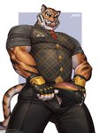 anthro biceps bodily_fluids clothed clothing genital_fluids genitals male muscular muscular_anthro muscular_male penis precum precum_through_clothing solo stripes vein veiny_penis wet wet_clothing amon-sydonai epic_games fortnite oscar_(fortnite) felid mammal pantherine tiger 3:4 hi_res