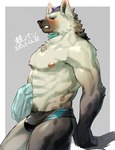 anthro blush bulge clothing eyebrow_piercing facial_piercing fur grey_body grey_fur hair looking_at_viewer male muscular muscular_anthro muscular_male piercing solo swimwear tail text pu94_d1de4c arknights hypergryph studio_montagne spot_(arknights) hyena mammal spotted_hyena 2023 hi_res translated