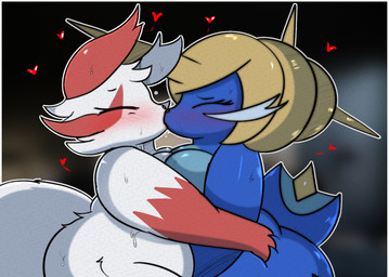 anthro big_butt blush blush_lines bodily_fluids breast_squish breasts breasts_frottage butt duo eyes_closed female female/female fur heart_symbol making_out multicolored_body saliva squish sweat sweatdrop white_body white_fur miyang_draws! nintendo pokemon casey_(louipal) sally_(louipal) generation_3_pokemon generation_5_pokemon pokemon_(species) samurott zangoose digital_drawing_(artwork) digital_media_(artwork) hi_res