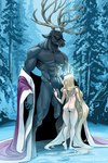 abs anthro antlers balls big_penis blonde_hair butt cloak clothed clothing detailed_background duo female female_on_anthro flaccid genitals hair hand_on_penis horn huge_penis human_on_anthro interspecies larger_anthro larger_male long_hair male male/female male_anthro male_on_human muscular muscular_anthro muscular_male nude off_shoulder outside pecs penis plant size_difference slim smaller_female smaller_human standing tree vein veiny_penis temporalwolf deer human mammal 2022 2:3 hi_res